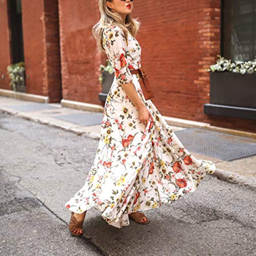 Bokeley Women's Boho Swing Maxi Dresses Half Sleeve Flowy Print Beach Long Dress Crew Neck Smocked Hight Waist