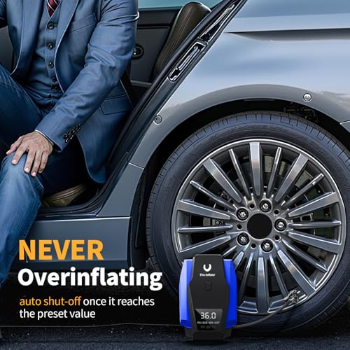 Amazon Tire Inflator Portable Air Compressor - Air Pump for Car Tires - 12V DC Tire Pump with Auto Shutoff Function & LED Light for Cars, Bicycles, Motorcycles, Blue, Large
