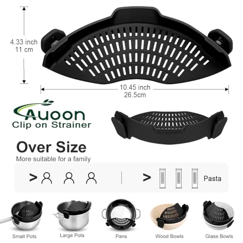 Amazon Large AUOON Clip on Strainer for All Pots and Pans - Oversized Silicone Pot Strainer Family-Style Design Pasta Strainer Kitchen Colander for Spaghetti and Noodles | Dishwasher Safe