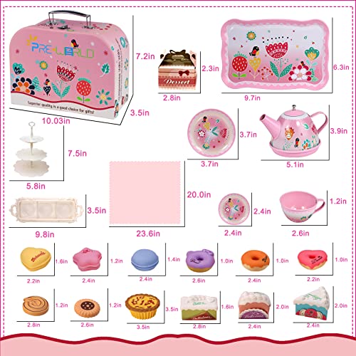 Tea Party Set for Little Girls,PRE-WORLD Princess Tea Time Toy Including Dessert,Cookies,Doughnut,Teapot Tray Cake, Tablecloth & Carrying Case,Kids Kitchen Pretend Play for Girls Boys Age 3-6