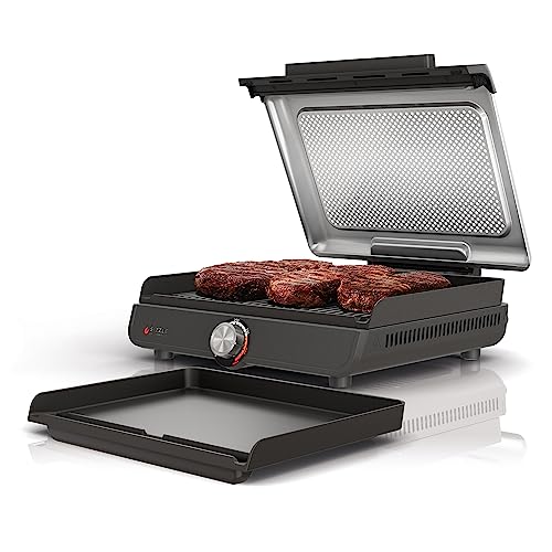 Ninja GR101 Sizzle Smokeless Indoor Grill & Griddle, 14'' Interchangeable Nonstick Grill and Griddle Plates, Dishwasher-Safe Removable Mesh Lid, 500F Max Heat, Even Edge-to-Edge Cooking, Grey/Silver