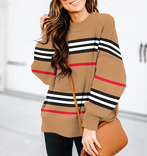 ETCYY Womens Striped Sweaters 2023 Fall Batwing Long Sleeve Side Slit Oversized Sweaters Trendy Crew Neck Knit Pullover Tops