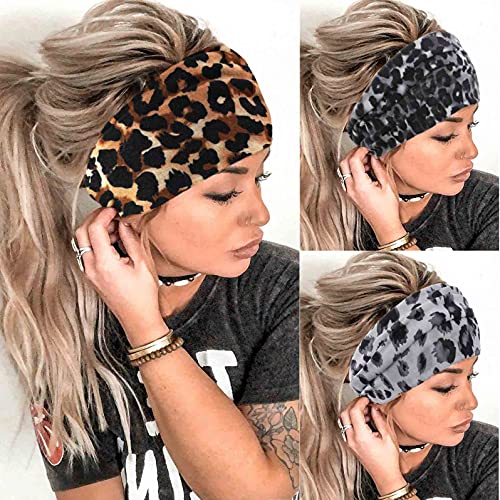 Aceorna Boho Headbands Wide Knot Hair Band Elastic Turban Head Band Stretch Leopard Twist Head Wraps Cloth Yoga Sweartband Fashion Hair Accessories for Women and Girls 3 Pcs (Set B)