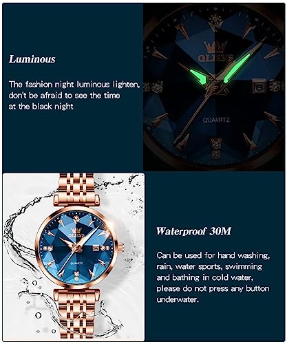 OLEVS Rose Gold Watches for Women, Stainless Steel Band, Quartz Small Face Waterproof Watches, Fashion Luxury Classic Wrist Watch with Date, Ladies Diamonds Watch Red/Blue/White Dial