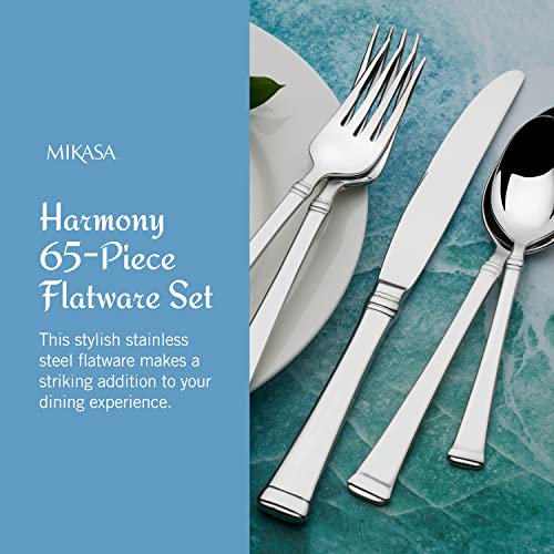 Mikasa 5060761 Harmony 65-Piece 18/10 Stainless Steel Flatware Set with Utensil-Serving Set, Silver