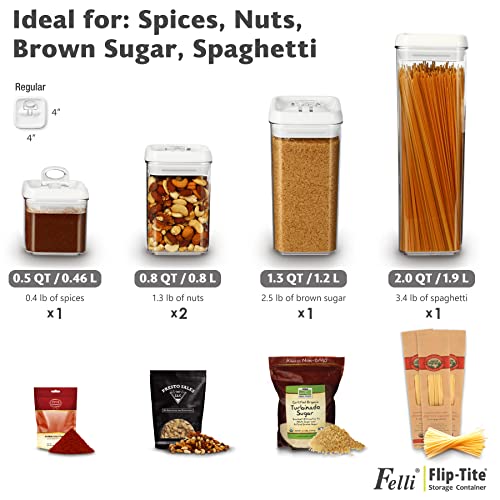 Felli Flip Tite Airtight Food Storage Container 5pk Set Lid 4” REGULAR Seal Stackable Plastic Canister Jar, Kitchen Cupboard Pantry Organizer, Spice Pasta Snack Candy Bean Christmas Gift for Women Mom