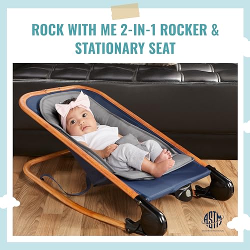 Rock with me 2-in-1 Rocker and Stationary Seat | Compact Portable Infant Rocker with Removable Toys Bar & Hanging Toys in Blue
