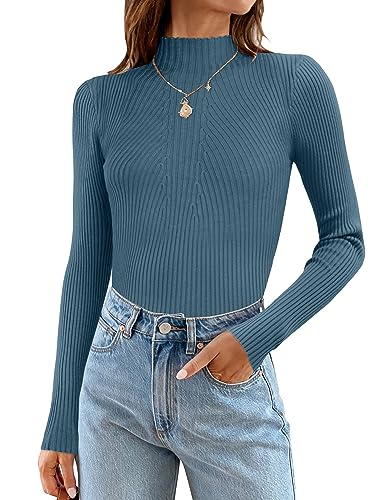 ZESICA Women's 2024 Fall Long Sleeve Turtleneck T Shirts Ribbed Knit Sweater Slim Fit Basic Casual Tee Tops