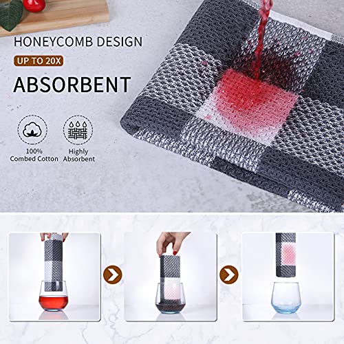 Mordimy 100% Cotton Waffle Weave Plaid Dish Cloths, 12 x 12 Inches, Super Soft and Absorbent Quick Drying Buffalo Check Dish Rags for Kitchen, 6-Pack, White & Dark Grey