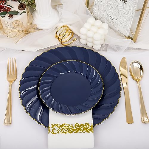 YOUBET 150PCS Blue Plastic Plates-Gold Plastic Silverware&Hand Napkins-Navy Disposable Plates include 50 Plates, 25 Forks, 25 Knives, 25 Spoons, 25 Napkins- Ideal for Wedding&Party