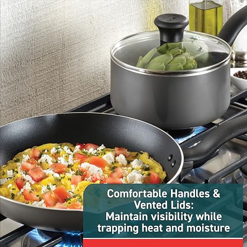 T-fal Initiatives Nonstick Cookware Set 6 Piece Oven Safe 350F Cookware, Pots and Pans, Oven, Broil, Dishwasher Safe Gray