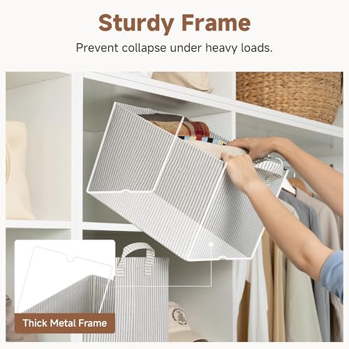 Amazon StorageWorks Storage Bins, Fabric Storage Bins for Shelves, Large Storage Baskets with Metal Frame, Closet Baskets and Bins with Handles, Khaki and Beige Stripes, 2-Pack