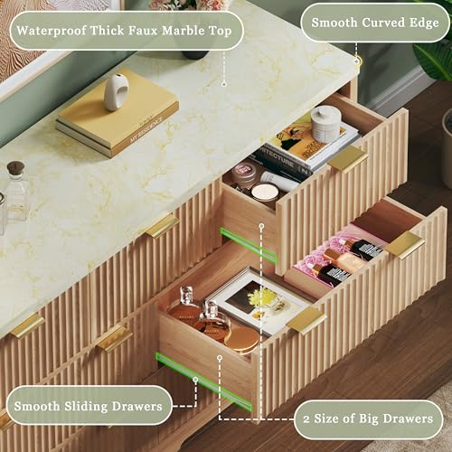 Amazon Fluted Dresser for Bedroom with 7 Drawers, 53'' Modern Dressers with Faux Marble Top, Mid Century Chests of Drawers with Gold Handle & Curved Profile, Natural Wood TV Dresser for Bedroom, Living Room