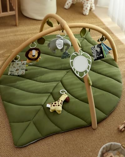 Blissful Diary Baby Play Gym & Activity Mat, Oversize Leaf Shaped Baby Play Mat w 6 Detachable Toys, Tummy Time Mat Promote Motor Skills & Sensory Development Mat, Newborn Infant Baby Essentials Gift