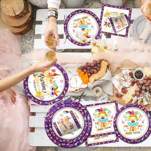 Happy Purim Party Supplies,122Pcs Jewish Purim Tableware Decorations Set Purple White Purim Mask Plates and Clown Napkins,Purim Tablecloth Happy Purim Banner for Jewish Carnival Holiday Party Decor