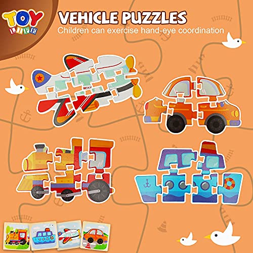 TOY Life 4 Pack Wooden Puzzles for Toddlers - Traffic Shape Montessori Toy - Jigsaw Puzzles with 4 Animal Shape - Early Learning Preschool Educational Toys Gifts for 1 2 3 Years Old Toddlers