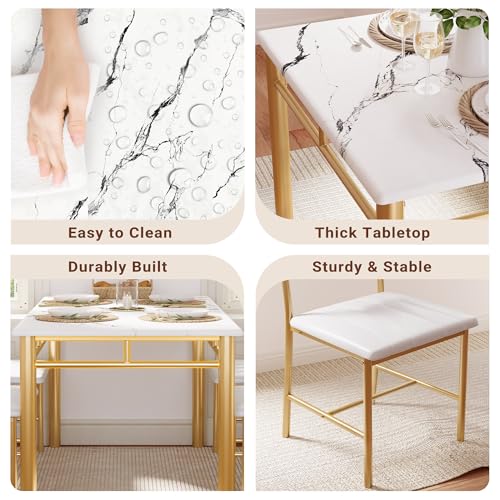 Amazon IRONCK Dining Table Set for 4, Wood Kitchen Table with Upholstered Chairs for Kitchen & Dining Room, Compact Dining Set for Small Spaces, White & Gold