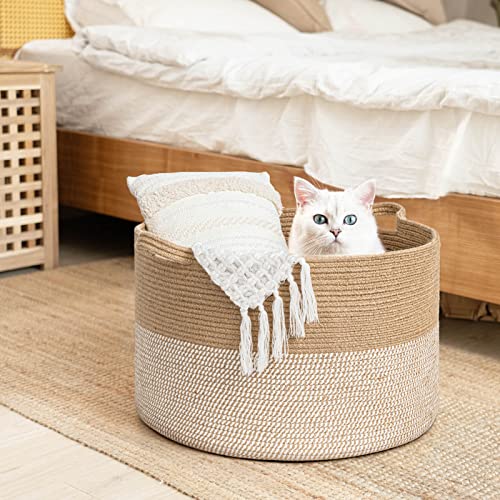 INDRESSME Extra Large Woven Baskets for Storage, 21.7'' x 13.8'' Wicker Basket with Handle for Blankets, Big Laundry Baskets for Clothes, Pillows, Towel, Shoe Basket for Entryway, 90L White Jute