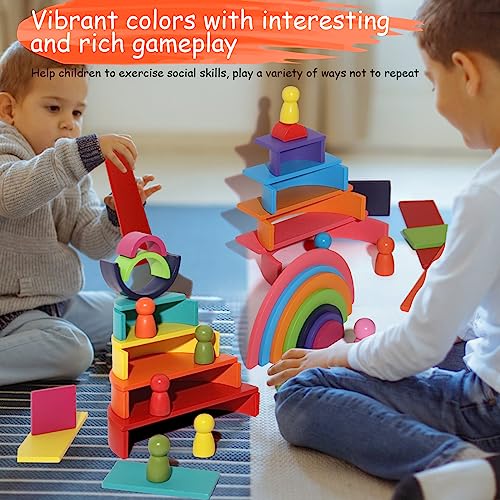 SHIERDU 45-Piece Wooden Rainbow Stack Set, 4-in-1 Building Blocks preschoolers Early Development & Activity Toys Montessori Toys for Kids 3, 4, 5, 6 Years and Older Gifts for Boys and Girls