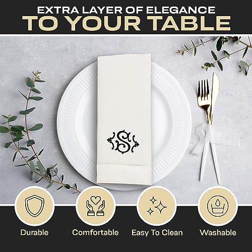 Premium Cotton Party Table Napkins with Embroidery Initial - 4 Pack, 20x20 Inch, Washable, Hemstitch Design, White Elegant Cloth Napkins for Family Dinners, Wedding Parties, Home Décor (S)