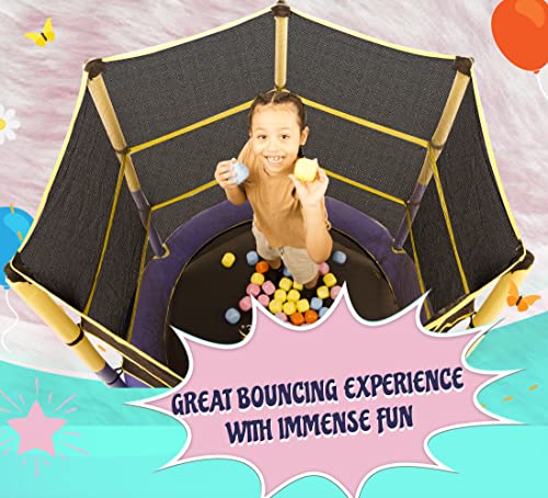 Machrus Bounce Galaxy 60 Inch Indoor Trampoline with Safety Net Enclosure, Spring-Free Enclosed Mini Trampoline for Toddlers, & Kids with Bonus Stuffed Toy and Keychain