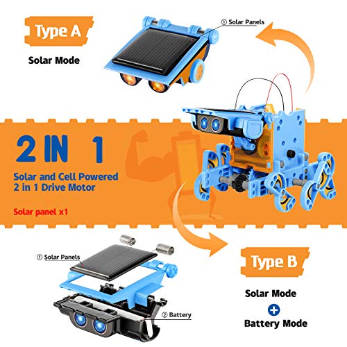 Sillbird STEM Projects 12 in 1 Solar Robot Toys for Kids, 190 Pieces Solar and Cell Powered Dual Drive Motor DIY Building Science Learning Educational Experiment Kit, Gift for Boys Girls Aged 8-12