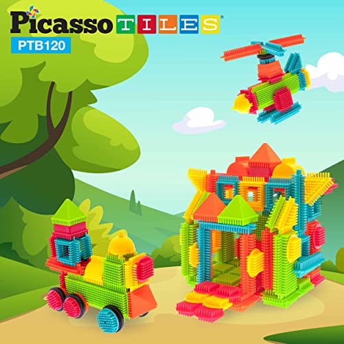 PicassoTiles PTB120 pcs Bristle Shape 3D Interlocking Building Blocks Accessories Tiles Construction Toy Set Learning Playset STEM Toy Set Educational Kit Child Development Preschool Kindergarten Toy