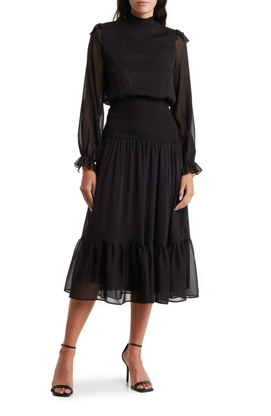 Area Stars Ruffle Long Sleeve Midi Dress, Main, color, BLACK