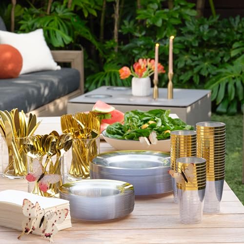 Clip coupon - By Madee HEAVYWEIGHT 400 Pcs Clear and Gold Plastic Plates for Party 50 Guests | High End Disposable Plates, Silverware, Napkins & Cups | Fancy Disposable Dinnerware Set | Gift of 3D Butterflies