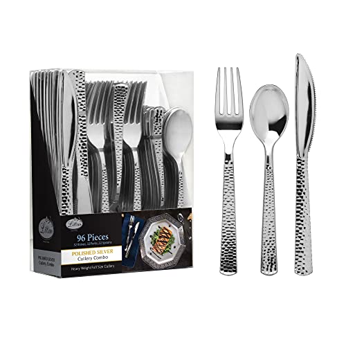 Lillian Tablesettings Plastic Cutlery Silverware Extra Heavyweight Disposable Flatware, Full Size Cutlery Combo, 32 Forks, 32 Knifes, 32 Spoons, Value Pack 96 Count