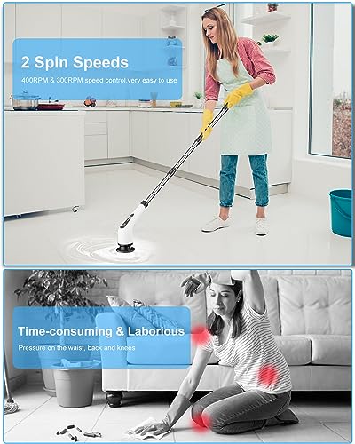 Leebein Electric Spin Scrubber, Cordless Cleaning Brush with 8 Replaceable Brush Heads, Tub and Floor Tile 360 Power Scrubber Dual Speed with Adjustable & Detachable Handle for Bathroom Kitchen Car