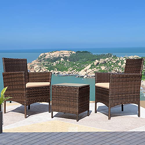 Greesum 3 Pieces Patio Furniture Sets Outdoor PE Rattan Wicker Chairs with Soft Cushion and Glass Coffee Table for Garden Backyard Porch Poolside, Brown and Beige
