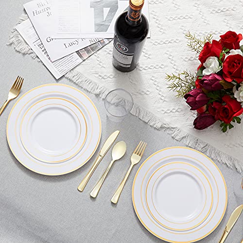 N9R 150PCS Gold Plastic Plates with Plastic Cutlery Set and Cups, Disposable Silverware include 25 Dinner Plates, 25 Dessert Plates, 25 Forks, 25 Knives, 25 Spoons, 25 Cups for Party and Wedding