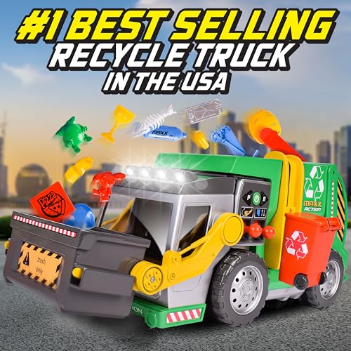 Maxx Action 3-N-1 Maxx Recycler – Large Motorized Garbage Truck Toy for Kids – Learning Activity Vehicle Includes Dumpster, Trash Bin and Miniature Trash Pieces – Green, 19 Inches