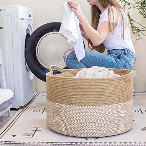 INDRESSME Extra Large Woven Baskets for Storage, 21.7'' x 13.8'' Wicker Basket with Handle for Blankets, Big Laundry Baskets for Clothes, Pillows, Towel, Shoe Basket for Entryway, 90L White Jute