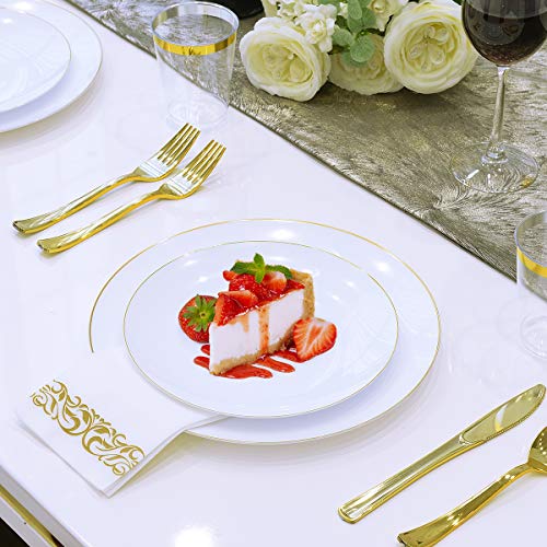 Vplus 175 Count Gold Rim Plastic Plates Sets, Disposable Dinnerware Sets for Wedding Party, Include 25 Dinner Plates,25 Dessert Plates,25 Forks,25 Knives,25 Spoons,25 Cups,25 Napkins (Gold Rim)