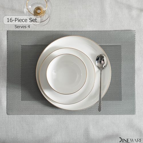 Amazon Perlaceo Luxurious Collection Bone China Dinnerware Set-Lightweight and Durable-Service for 4 or 8, Including Dinner, Salad Plates, and Cereal or Soup Bowls, 16-Pc, White w/Gold Rim