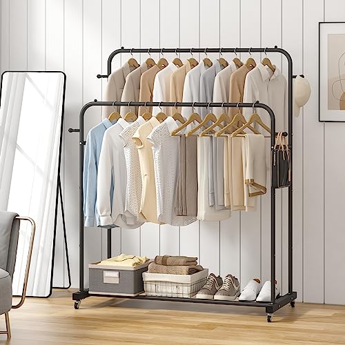 Laiensia Double Rods Garment Rack with Wheels, Clothing Rack for Hanging Clothes,4 Hooks, Multi-functional Bedroom Clothes Rack, Black