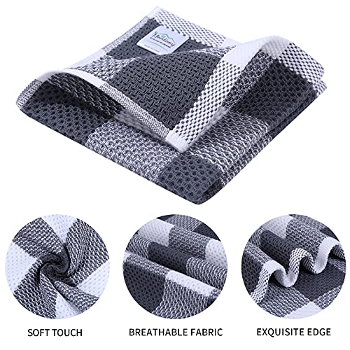 Mordimy 100% Cotton Waffle Weave Plaid Dish Cloths, 12 x 12 Inches, Super Soft and Absorbent Quick Drying Buffalo Check Dish Rags for Kitchen, 6-Pack, White & Dark Grey