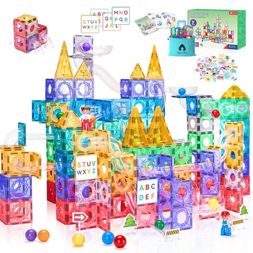 171 PCS Magnetic Tiles and Marble Run Set, Magnet Building Race Track Toys with Learning Card and Storage Bag for Kids, STEM Educational Blocks for Boys Girls Ages 3 4 5 6 7 8+ Birthday Gifts