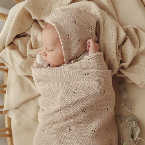 Bleu La La Organic Unisex Pointelle Receiving Swaddle Blanket for Boys & Girls - 100% Luxury Organic Soft Cotton Knit Warm Cozy Cuddle Stroller Crib Blanket for Newborns Infants & Toddlers (Mocha)