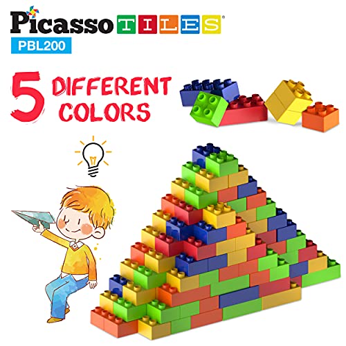 PicassoTiles 200 Piece Large Construction Brick Building Blocks STEM Bricks Toy Set Creative Learning Early Education Playset 5 Colors 4 Unique Shapes Mix & Match Toys for Kids Boys Girls Child Age 3+