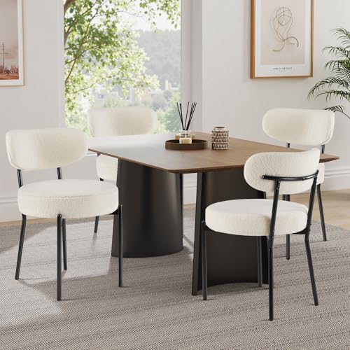 Amazon Sweetcrispy Dining Chairs Set of 4, Boucle Upholstered Modern Mid Century Round Kitchen Chairs with Curved Backrest & Metal Legs for Vanity, Living Room - Beige