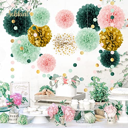 AOBKIAT Wedding Birthday Party Decorations Set,15PCS Sage Green Pink Tissue Paper Pompoms Circle Dots Paper Garland String Hanging Backdrop for Baby Shower, Boho Bridal Wedding Theme Decor