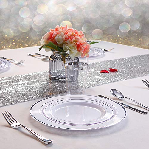 WDF 40Guest Silver Plastic Plates with Silver Silverware - White Plastic Plates with Silver Rim, Dinnerware Sets Include 40 Dinner Plates, 40 Salad Plates,40 Forks, 40 Knives, 40 Spoons