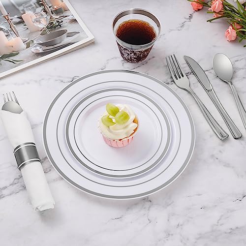 350 Piece Silver Plastic Dinnerware Set for 50 Guests, Fancy Disposable Plates for Party, Include: 50 Dinner Plates, 50 Dessert Plates, 50 Pre Rolled Napkins with Silver Silverware, 50 Cups