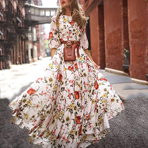 Bokeley Women's Boho Swing Maxi Dresses Half Sleeve Flowy Print Beach Long Dress Crew Neck Smocked Hight Waist