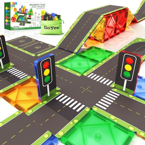56PCS Magnetic Tiles Road Toppers Set Building Toys for 3 Year Old Boys and Girls Playing with Car Toys Preschool Learning Activities Gift for 3 4 5 6 Year Old Toddlers Kids