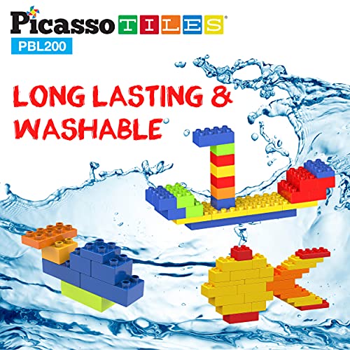 PicassoTiles 200 Piece Large Construction Brick Building Blocks STEM Bricks Toy Set Creative Learning Early Education Playset 5 Colors 4 Unique Shapes Mix & Match Toys for Kids Boys Girls Child Age 3+