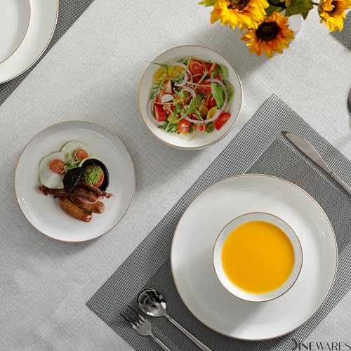 Amazon Perlaceo Luxurious Collection Bone China Dinnerware Set-Lightweight and Durable-Service for 4 or 8, Including Dinner, Salad Plates, and Cereal or Soup Bowls, 16-Pc, White w/Gold Rim